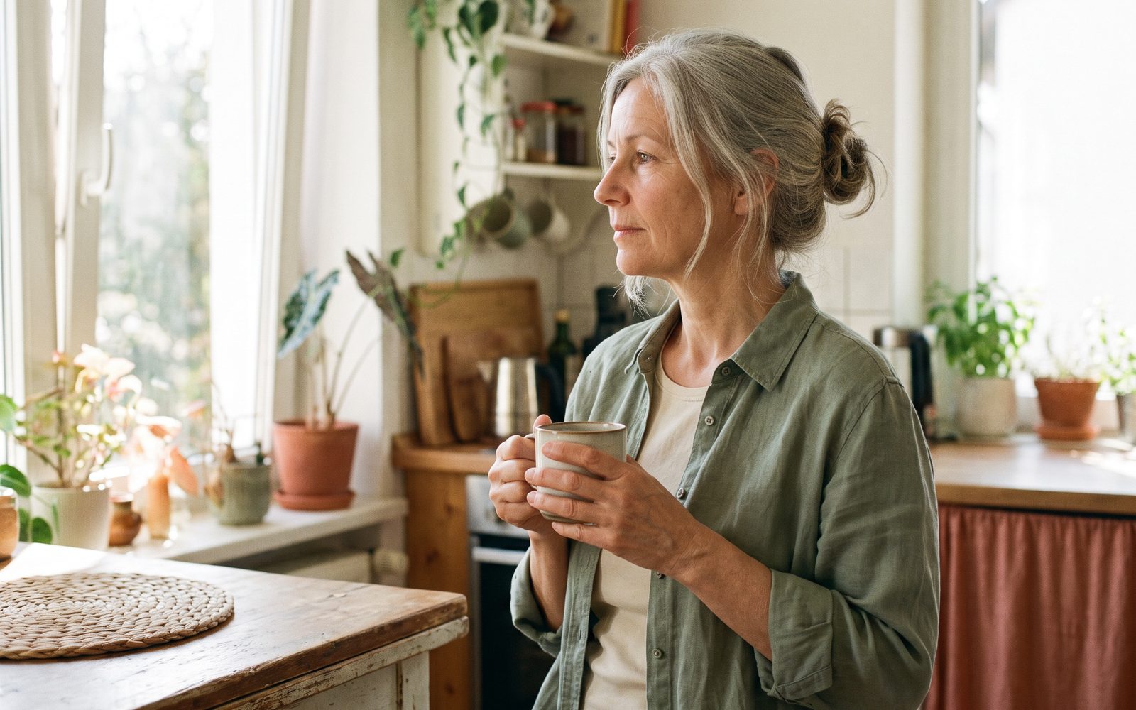Frau um 55 steht morgens mit einer Tasse am Fenster